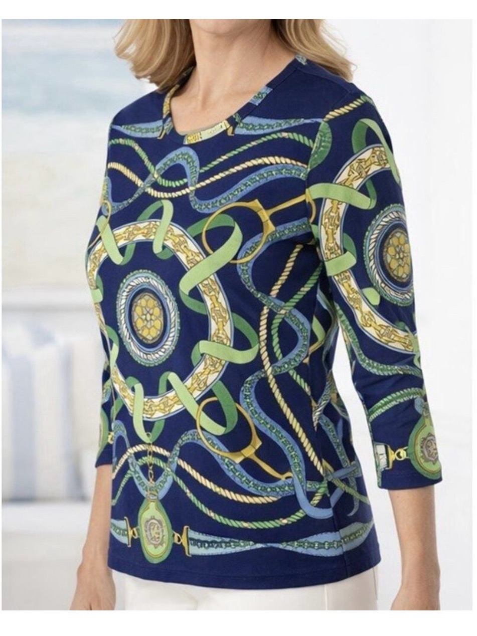 J Mclaughlin Coastal Nautical Catalina Cloth Top. Navy. Size Large